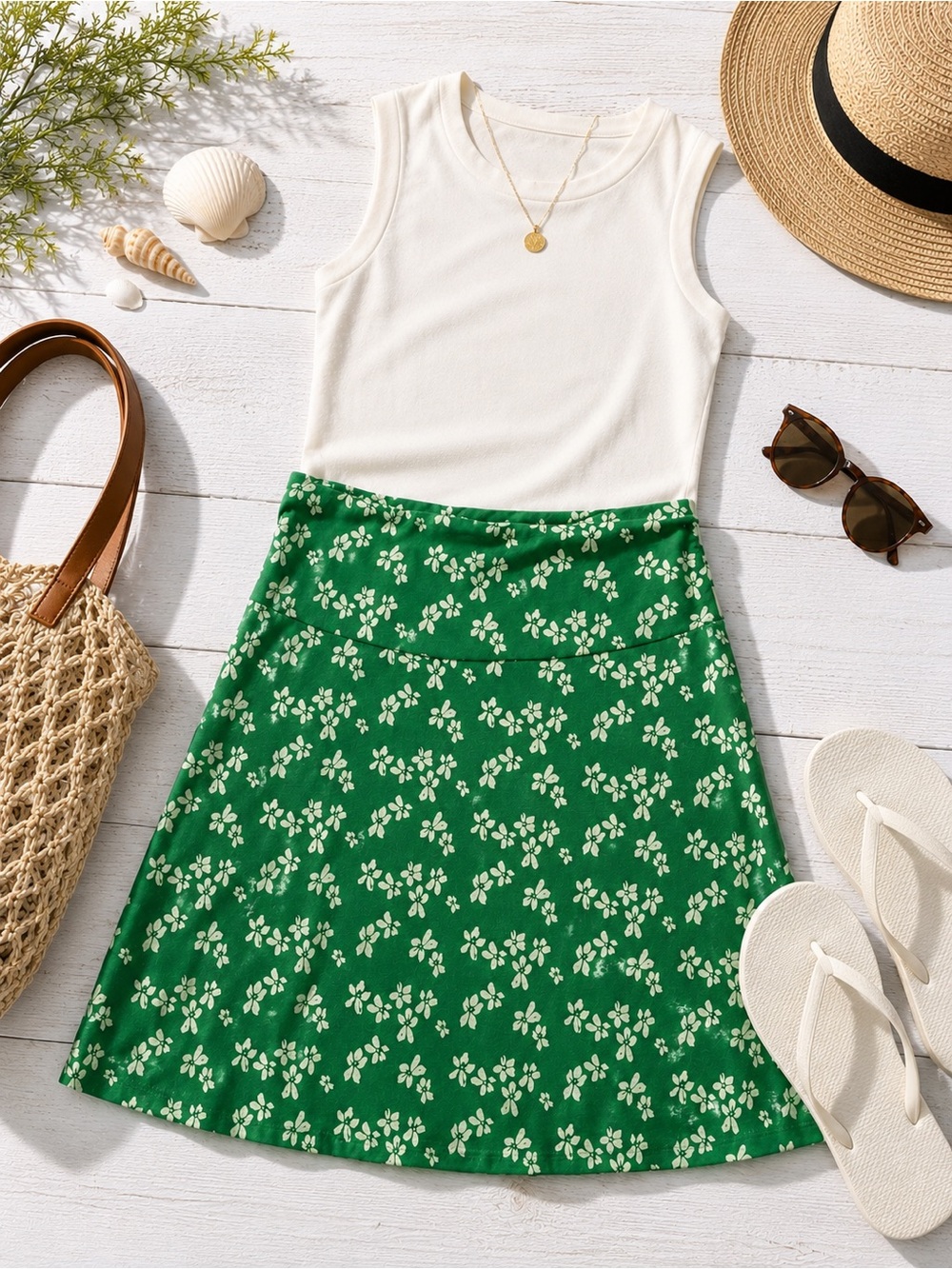 Toad&Co Chaka Skirt M Green Ivory Floral Organic Cotton TENCEL A-Line Pull On